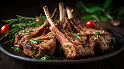 Gordijnen Delicious organic grilled lamb chops for a mouthwatering dinner. © tong2530