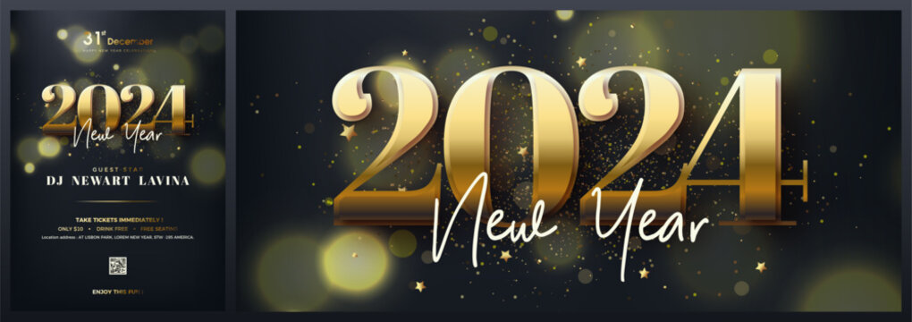 Vector background happy new year 2024. With illustration of luxury gold numbers. Poster for 2024 happy new year party invitation.