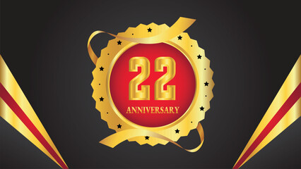 Celebrate the 22th anniversary with gold 3D letters, gold ribbons on a dark background.Party event decoration	