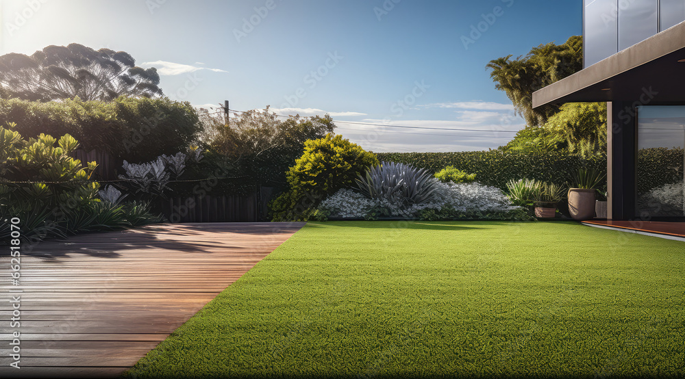 Wall mural contemporary modern australian house with artificial grass with clean design and boundary decoration