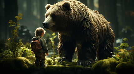 back view, boy and the cute bear walk on the green forest. Generative AI - obrazy, fototapety, plakaty