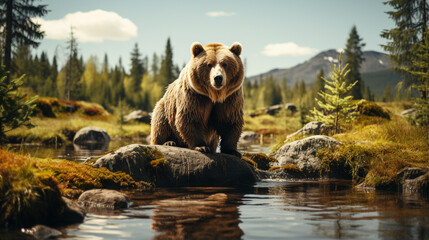 A brown bear sits on a rock in the forest. Generative AIA brown bear in the forest. Big Brown Bear. Bear sits on a rock. Ursus arctos. Generative AI