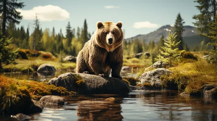 Foto op Aluminium A brown bear sits on a rock in the forest. Generative AIA brown bear in the forest. Big Brown Bear. Bear sits on a rock. Ursus arctos. Generative AI © Fuji