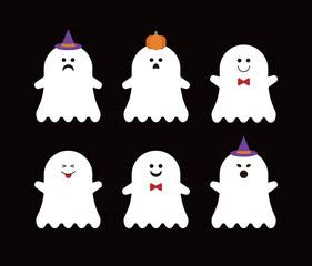 A set of cute Halloween concept ghost character illustrations. The ghost has various facial expressions and has a hat and pumpkin.
