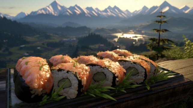 Salmon and egg sushi served on a stone board UHD wallpaper Stock Photographic Image