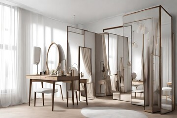 Modern dressing room interior with stylish clothes,  and large mirror