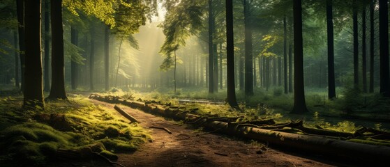 Morning with the sunrise in the forest - obrazy, fototapety, plakaty