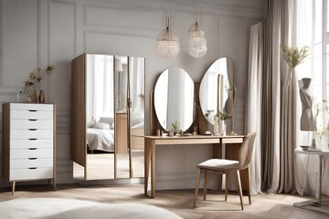 Modern dressing room interior with stylish clothes,  and large mirror
