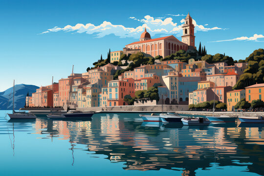 Vector Illustration of a cozy coastal Mediterranian Town, Generative AI