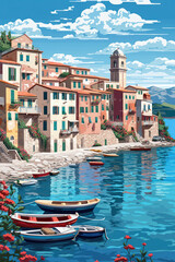 Vector Illustration of a cozy coastal Mediterranian Town, Generative AI