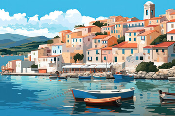 Fototapeta na wymiar Vector Illustration of a cozy coastal Mediterranian Town, Generative AI