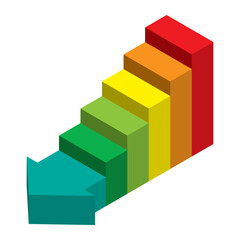 ビジネス向けインフォグラフィックス　アイソメトリック階段状になった立体的な矢印のイラスト 色相環
