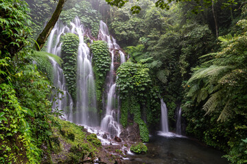 Beautiful waterfall in the jungle of southeast asia. A stream of water falls from high cliffs, breaking into streams, creating fog. High humidity in the tropical forest of Bali.