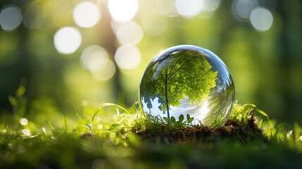 Concept image of a young seedling growing inside a protective clear spherical orb showing biodiversity on earth