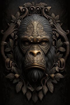 a gorilla wearing a golden mask with a floral pattern is a striking and awe-inspiring image. the ornate golden mask create a sense of majesty and power.