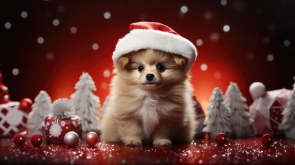 Fototapeta na wymiar Small spitz puppy wearing Christmas hat