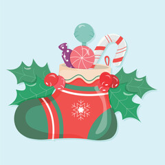 cute Christmas sock with candies on blue background illustration vector.
