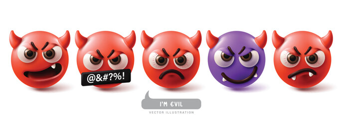 Emoji evil emoticon characters vector set. Emojis emoticons character with devil, bad, monster, scary and cute facial expression red and violet icon collection. Vector illustration emojis icon evil 