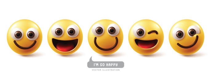 Emoji happy emoticon characters vector set. Emojis emoticons in happy, smile, funny, enjoy and smiling facial expressions with fun and joy feelings and reactions character collection. Vector 