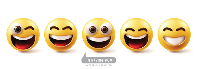 Emoji funny emoticons characters vector set. Emojis emoticon with having fun face, laugh, happy, smiling, enjoy, cute and friendly facial expressions graphic character collection. Vector illustration 