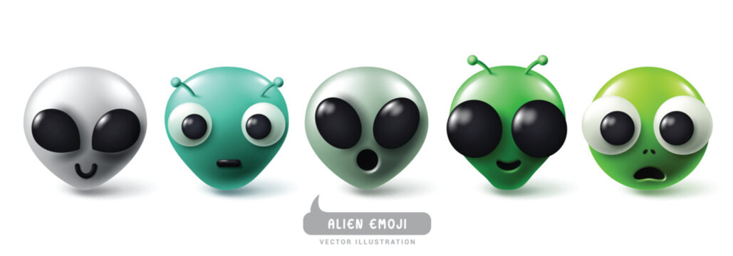 Emojis alien emoticons characters vector set. Emoji emoticons aliens, monster, creature in happy, smiling, cool and funny facial expression. Vector illustration emojis alien icon collection. 

