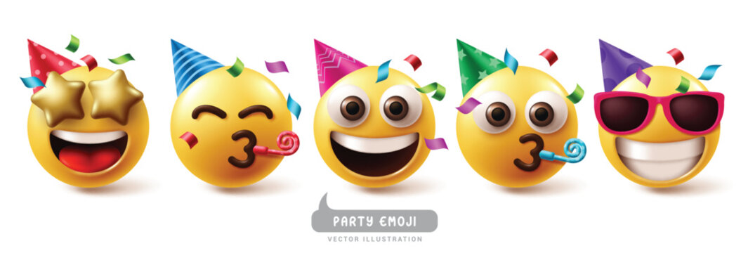 Naklejki Emojis party birthday emoticon characters vector set. Emoji emoticon birthday clown, mascot, costume, happy, smiling and wearing hat character collection. Vector illustration emojis birthday party 