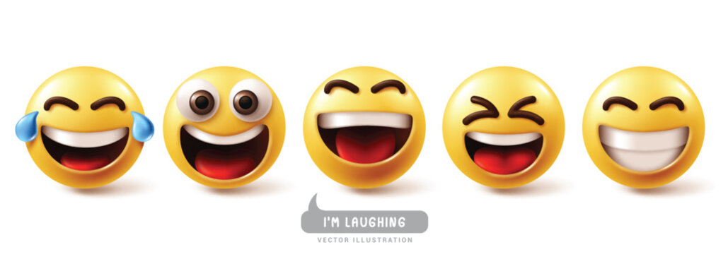 Naklejki Emoji laughing emoticon characters vector set. Emojis emoticons characters with happy, laugh, fun, enjoy, cheerful and smiling facial expressions yellow graphic elements collection. Vector 
