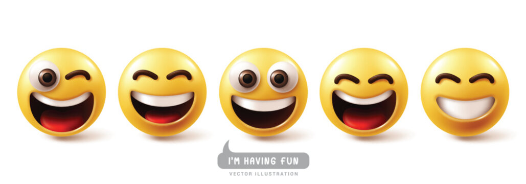 Naklejki Emoji funny emoticons characters vector set. Emojis emoticon with having fun face, laugh, happy, smiling, enjoy, cute and friendly facial expressions graphic character collection. Vector illustration 
