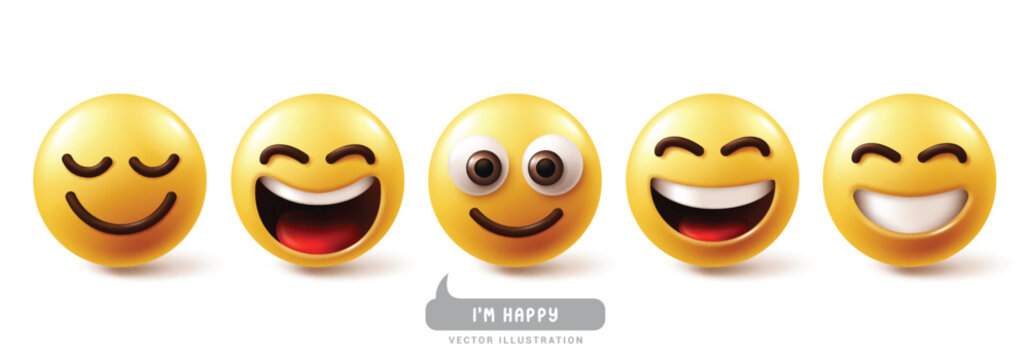 Naklejki Emoji happy emoticon characters vector set. Emojis emoticons in enjoy, joyful, funny, and smiling facial expression yellow face collection. Vector illustration emojis happy icon collection. 