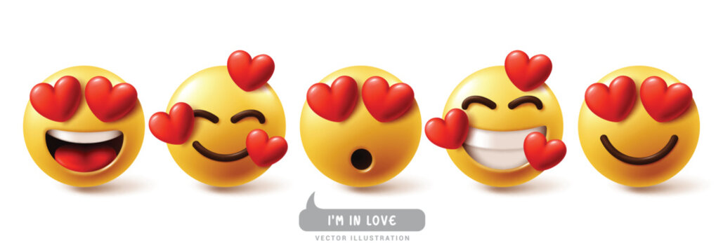 Naklejki Emoji in love emoticon characters vector set. Emojis emoticons characters with in love, heart, lovely, happy and funny graphic elements collection. Vector illustration emojis in love icon collection. 