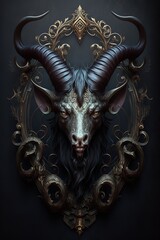 Striking gold-framed digital art portrait of a goat with realistic fur, horns, and eyes, set against a black background. This unique and captivating piece of art is sure to add a touch of sophisticati