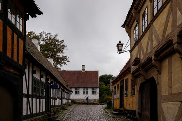 Fototapeta na wymiar Outdoor overcast scenery street view and old traditional wooden houses at Den Gamle By in Aarhus, Denmark. 