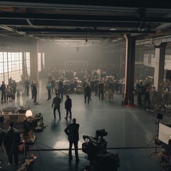 film set with a lot of people during filming - obrazy, fototapety, plakaty