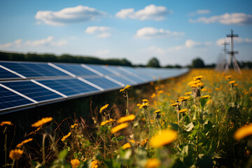 A field of solar panels against a backdrop of blue skies and green landscapes, generative AI
