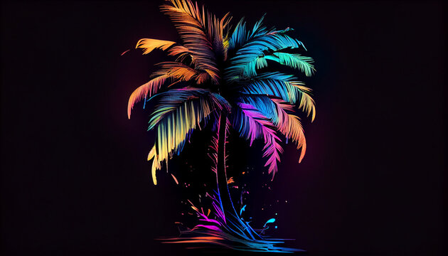 Creativity by neon palm tree isolated black, background, Ai generated image