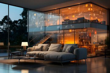 The inside of a smart home features interconnected devices within a sleek and minimalistic design, generative AI