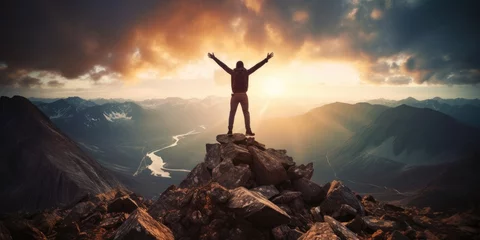 Foto op Plexiglas Silhouette of man jump on top of the mountain. business successful, victory triumph concept. Generative AI © Natee Meepian