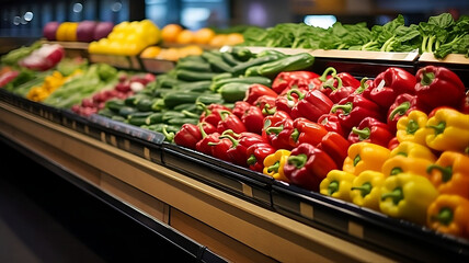 Photograph a vibrant display of various fruits and vegetables in the refrigerated section, highlighting the appeal of fresh and colorful produce. - obrazy, fototapety, plakaty