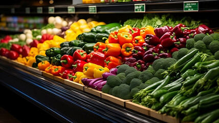 Photograph a vibrant display of various fruits and vegetables in the refrigerated section, highlighting the appeal of fresh and colorful produce.