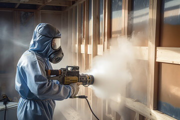 Man worker using plural component gun to spray polyurethane foam inside wooden frame house - obrazy, fototapety, plakaty