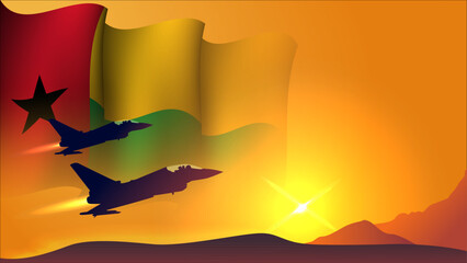 fighter jet plane with guinea bissau waving flag background design with sunset view suitable for national guinea bissau air forces day event