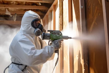 Fotobehang Man worker using plural component gun to spray polyurethane foam inside wooden frame house © Kien