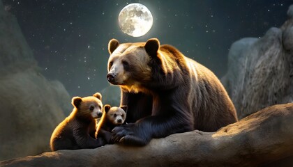 A mother bear with cubs in natural habitat during moon light with two cubs