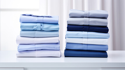 Folded clothes in stacks of various simple blue placed on a table on a light background