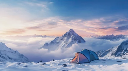 Foto op Plexiglas Mount Everest Orange tent in the snow with mountains and sunset in the background