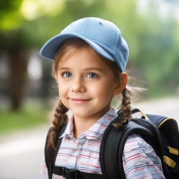 Ni&ntilde;a con coletas gorra y una mochila 