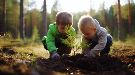 冬に森で植林する子ども二人