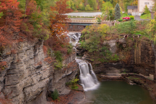 Beebe lake dam waterfalls and bridge. The Beebe Lake  Cornell Campus in Ithaca, New York.