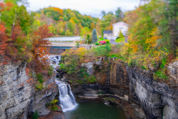 Fototapeta na wymiar Beebe lake dam waterfalls and bridge. The Beebe Lake Cornell Campus in Ithaca, New York.