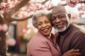 African American couple embrace and smile happily among the cherry trees and falling snow. Japan romantic color of Sakura flowers background. Happy love moment in Japan with sakura trees blossom.